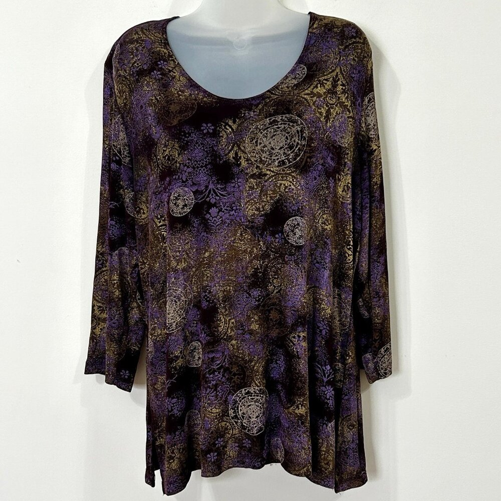 VINTAGE CITIKNIT Tunic M Purple Gold Medallion Print 3/4 Sleeve Scoop Neck USA